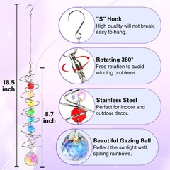 GWAHSA Suncatcher Wind Spinner Gazing Ball Spiral Tail, Crystal Sun 1pcs