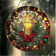 Bright Acrylic Christmas Candle Suncatcher-2D-Stained Glass Look-5.9″-Great Gift