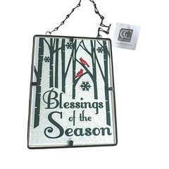 Frosted Glass Sun Catcher, Blessings of The Season with Cardinals Snowflakes NEW