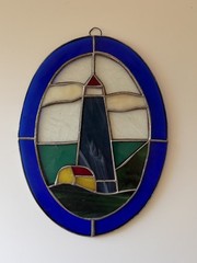 Stained Glass Lighthouse Oval Suncatcher Window Hanging Panel Blue Border 7in