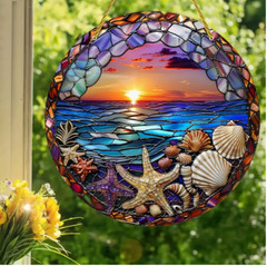 Colorful Beach Suncatcher, Acrylic, 2D, Stained Glass Look, 5.9in, Great Gift