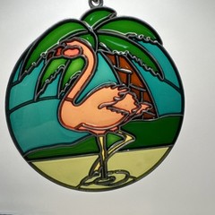 Vintage Flamingo Sun Catcher Stain “Glass” Plastic Metal Frame 5”
