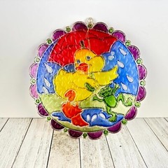 Vintage Easter Suncatcher LARGE Duck Frog Umbrella Rain New Design Inc. 8.50″
