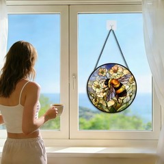 Stained Glass Window Hanging Bee Wildflowers, Sun Catcher Bumble Bee, Stained…