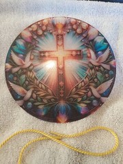 SunCatcher Acrylic 5.9” Round ~ Stained Glass Look~CROSS/DOVES ~ CORD Incl.