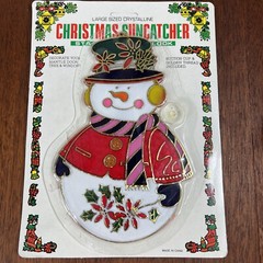 3 Vintage 80s Christmas Sun Catchers Hanging Decoration Santa Snowman Wreath NEW