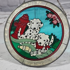 Puppy Dog Stained Glass Suncatcher Dalmatian Puppies Fire Hydrant 6″ Round