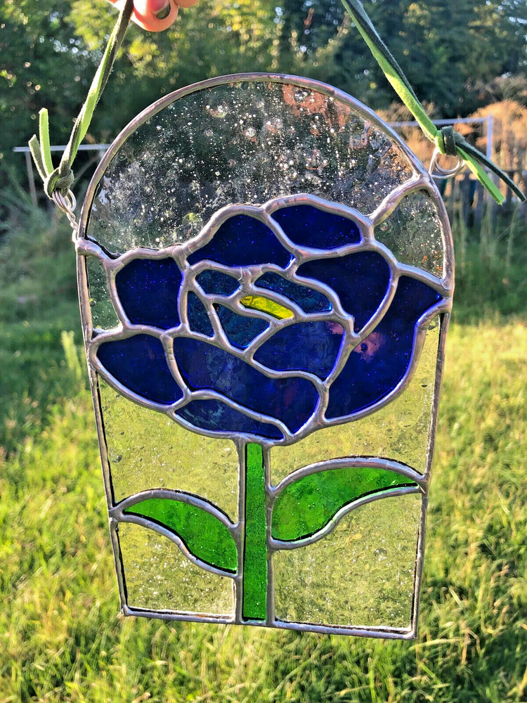 Blue Rose Flower Stained Glass Suncatcher Panel Authentic Handmade Glass Gift