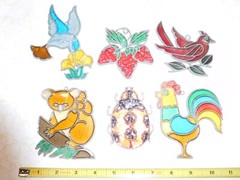 6 Vintage faux Stained Glass Suncatchers Amimals Birds,Koala,Ladybug,Strawberry!