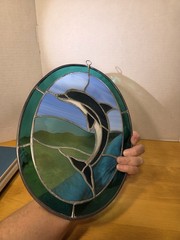 Stained Glass Sun Catcher Blue Dolphin Jumping in Green Ocean 13 x 9.5 oval