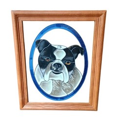 Vintage Wood Framed Stained Glass Bulldog Sun Catcher 17″ Wall Hanging Art