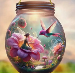 SUNCATCHER- Vibrant Hummingbird and Fairy In Mason Jar, Multicolor Acrylic