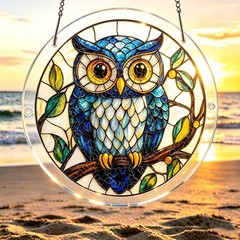 Blue Owl Branch Green Leaf Stained Acrylic Puzzle Suncatcher Window Decor