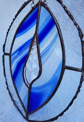 Nautical Blue Swirl Glass &Beach Seashell Hanging 10.5″ X 8″ Oval Suncatcher EUC