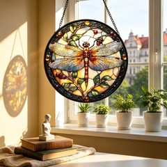 Stained Glass Window Hanging – Dragonfly Plant Suncatcher Ready to Hang Windo…