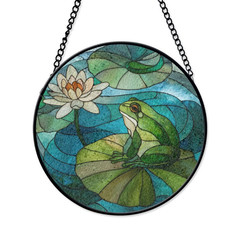 Frog And Water Lily Stained Glass Suncatcher, Nature Inspired Pond Art Window