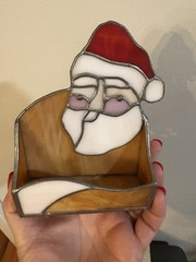 Stained Glass Metal Santa Face Christmas Box Planter Card Holder Candle Vtg
