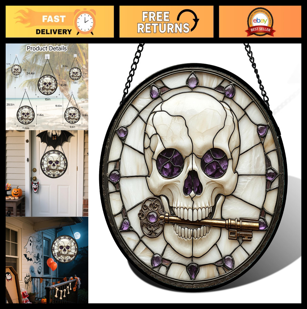 Spooky Skull Stained Glass Suncatcher – Halloween Decor for Home & Garden, 6.3 i