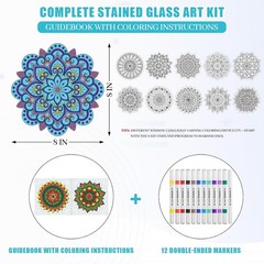 Stained Glass Window Cling Art Kit, 12 Color Double-ended Markers 10 Mandala