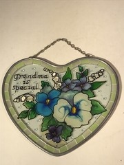 2003 Joan Baker Stained Glass Suncatcher Grandma is Special Pansies Heart 5X4